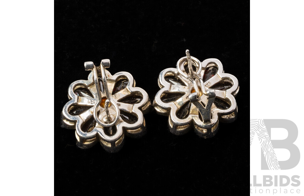 Sterling Silver Garnet Daisy Stud Earrings, 25mm, 19.79 Grams