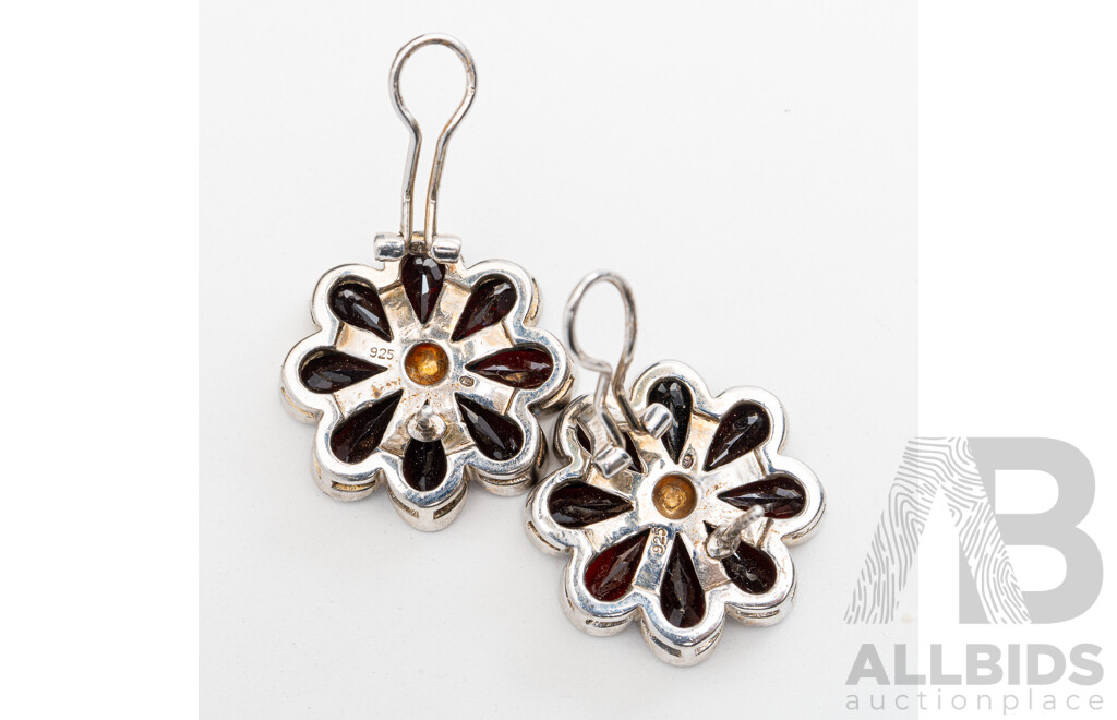 Sterling Silver Garnet Daisy Stud Earrings, 25mm, 19.79 Grams