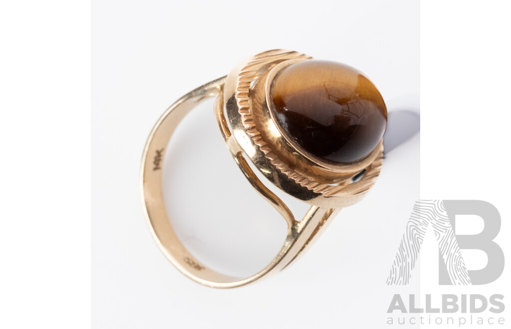 14ct Vintage Tigers Eye Cabochon Ring, Size M, 5.44 Grams
