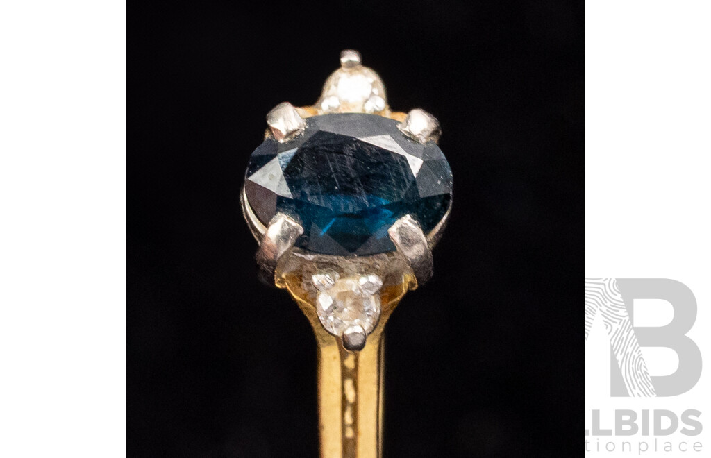 18ct Vintage Dark Sapphire & Diamond Ring, TDW 0.06ct, Size N, 2.94 Grams