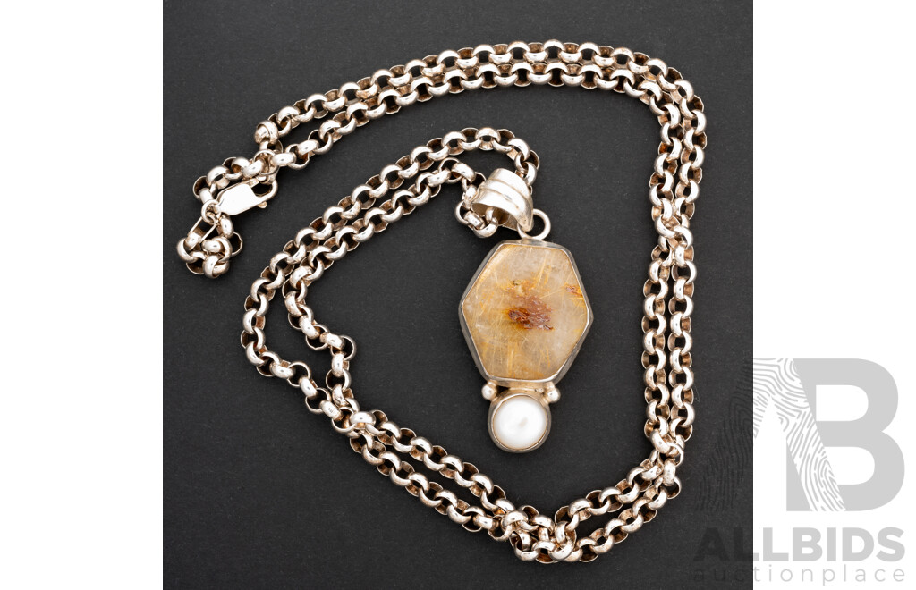 Sterling Silver Ornate Pendant with Citrine & Cultured Pearl on a SS Belcher Link Necklace, 68cm, 38.86 Grams