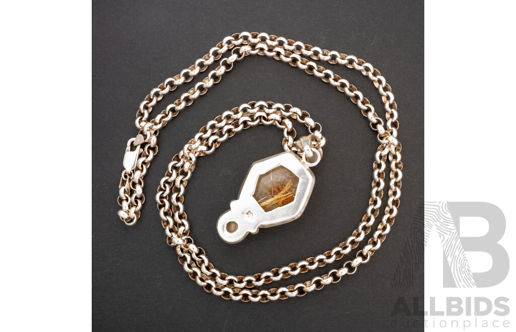 Sterling Silver Ornate Pendant with Citrine & Cultured Pearl on a SS Belcher Link Necklace, 68cm, 38.86 Grams