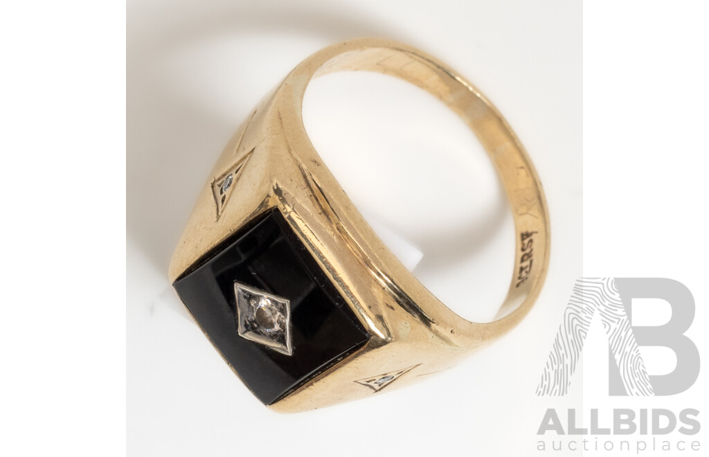 9ct Vintage Onyx, Diamond & White Sapphire Signet Ring, Size V, 8.12 Grams