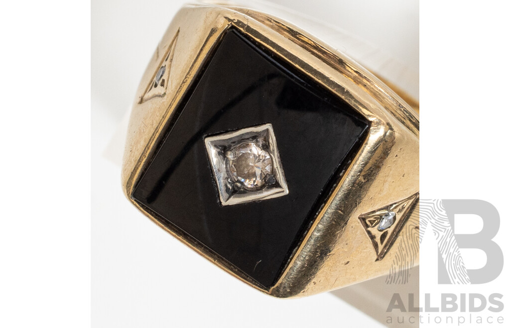 9ct Vintage Onyx, Diamond & White Sapphire Signet Ring, Size V, 8.12 Grams
