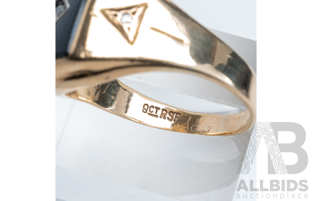 9ct Vintage Onyx, Diamond & White Sapphire Signet Ring, Size V, 8.12 Grams