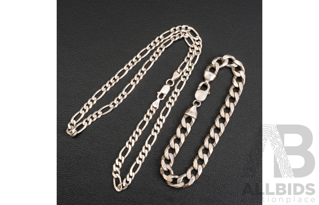 Sterling Silver Flat Curb Link Bracelet 22cm & Sterling Silver Figaro 3+1 Necklace 50cm, 50.61 Grams