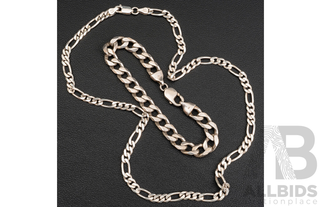 Sterling Silver Flat Curb Link Bracelet 22cm & Sterling Silver Figaro 3+1 Necklace 50cm, 50.61 Grams