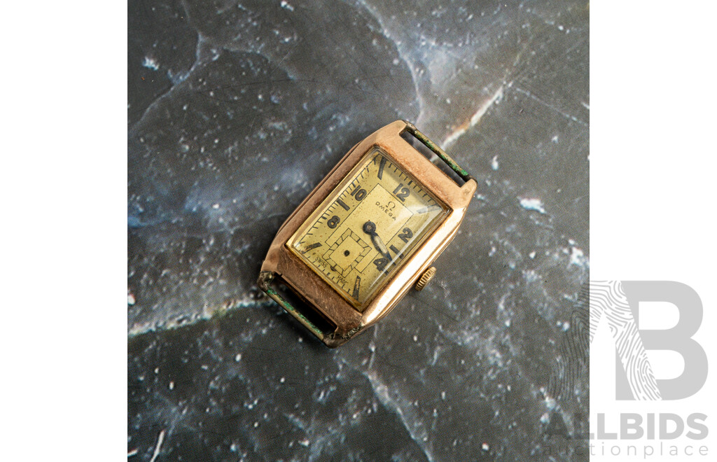 9ct Omega Vintage 1930's Tank Watch, 190691, Manual Winding Missing Seconds Hand, 12.53 Grams