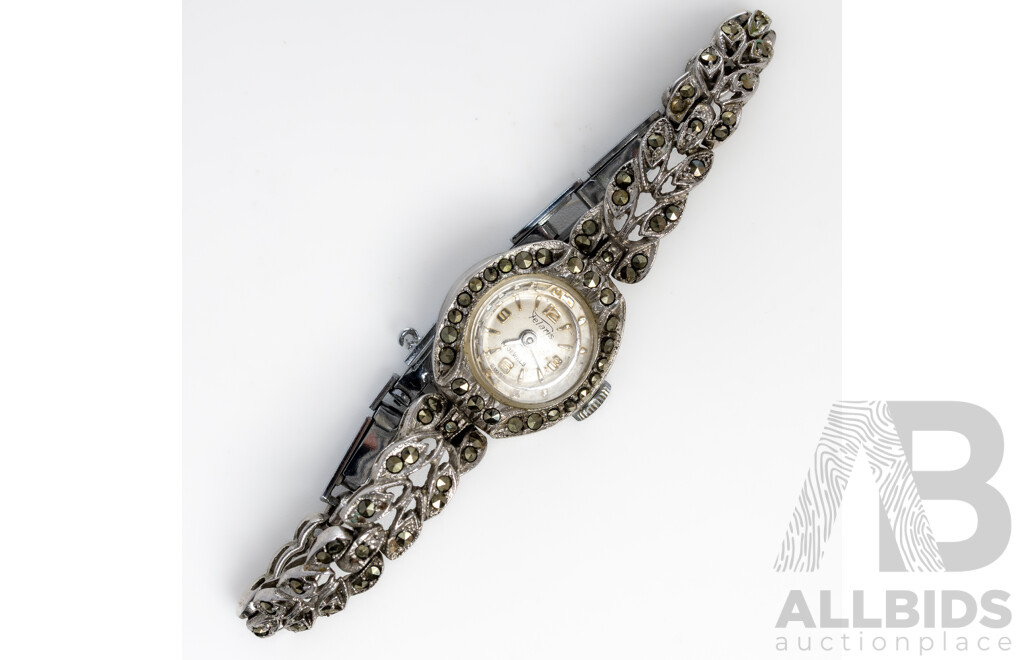 Felaris 17 Jewels Sterling Silver Marcasite Vintage Ladies Dress Watch, Working, 17.69 Grams
