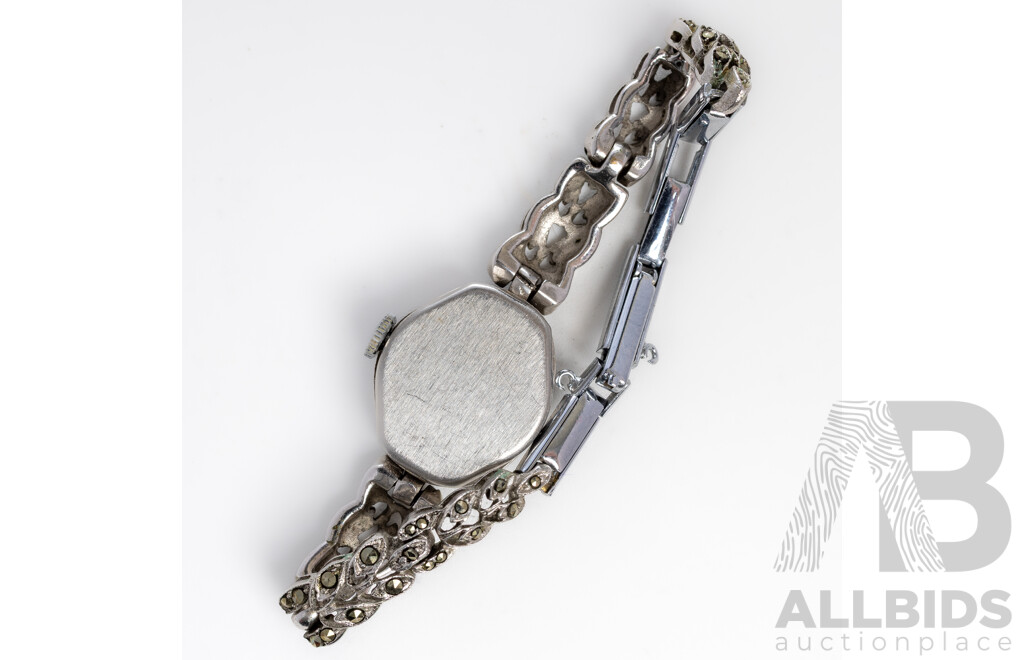 Felaris 17 Jewels Sterling Silver Marcasite Vintage Ladies Dress Watch, Working, 17.69 Grams