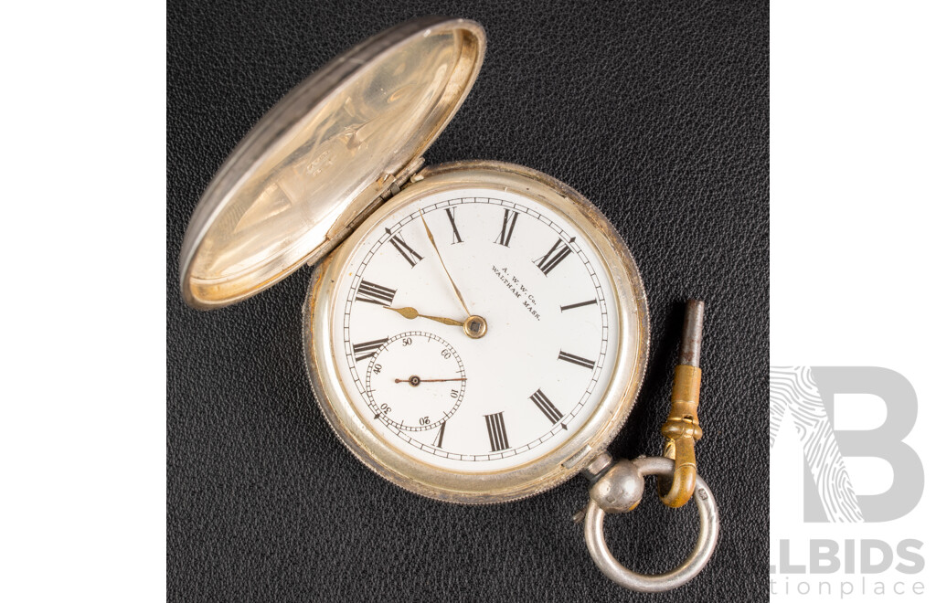 Antique AWW Co. Waltham Mass 50mm Sterling Silver Pocket Watch, 101.69 Grams