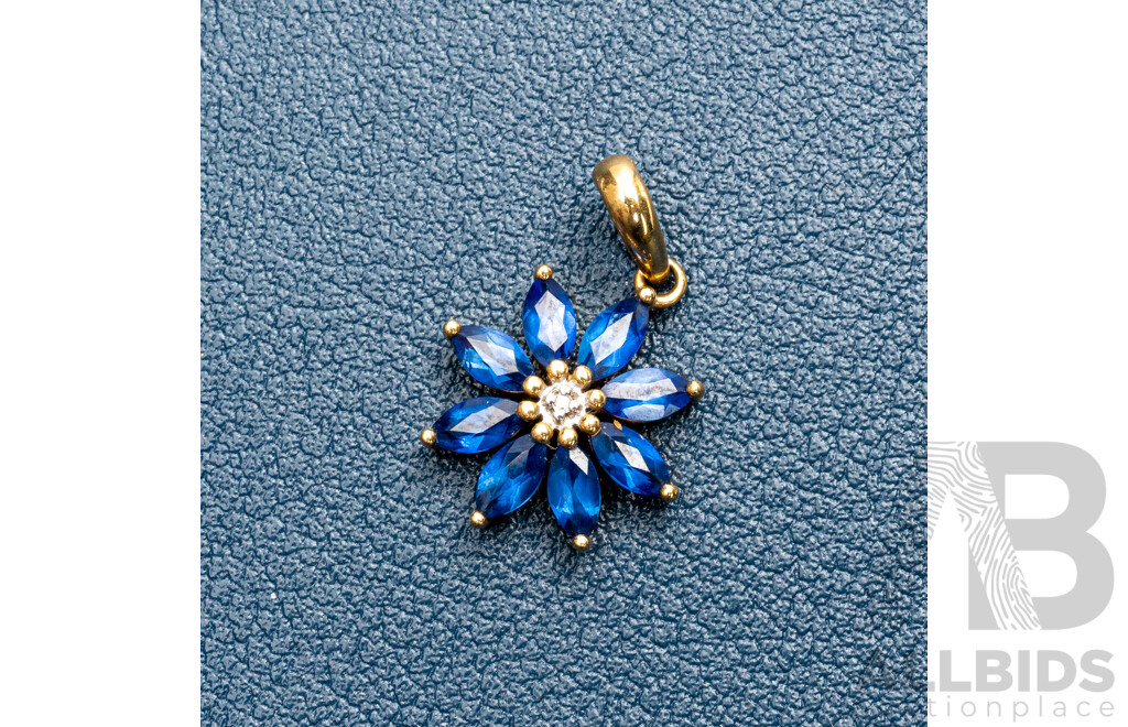 9ct Created Sapphire & Diamond Daisy Pendant, 20mm Long, 1.48 Grams - as New