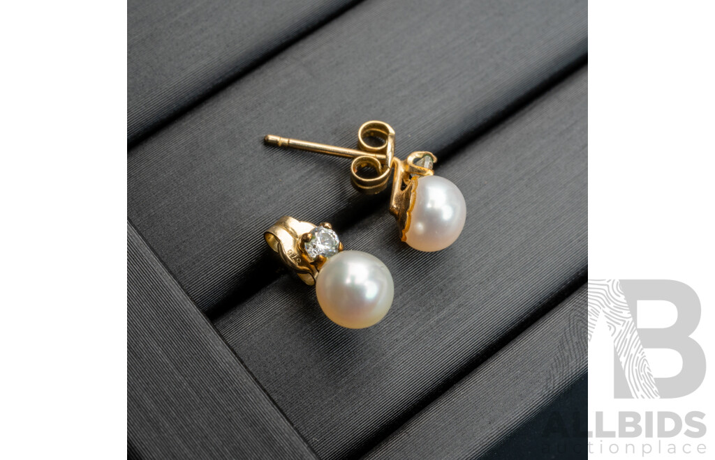 9ct Cultured Button Pearl & Cubic Zirconia Stud Earrings, 8.5mm, 0.92 Grams