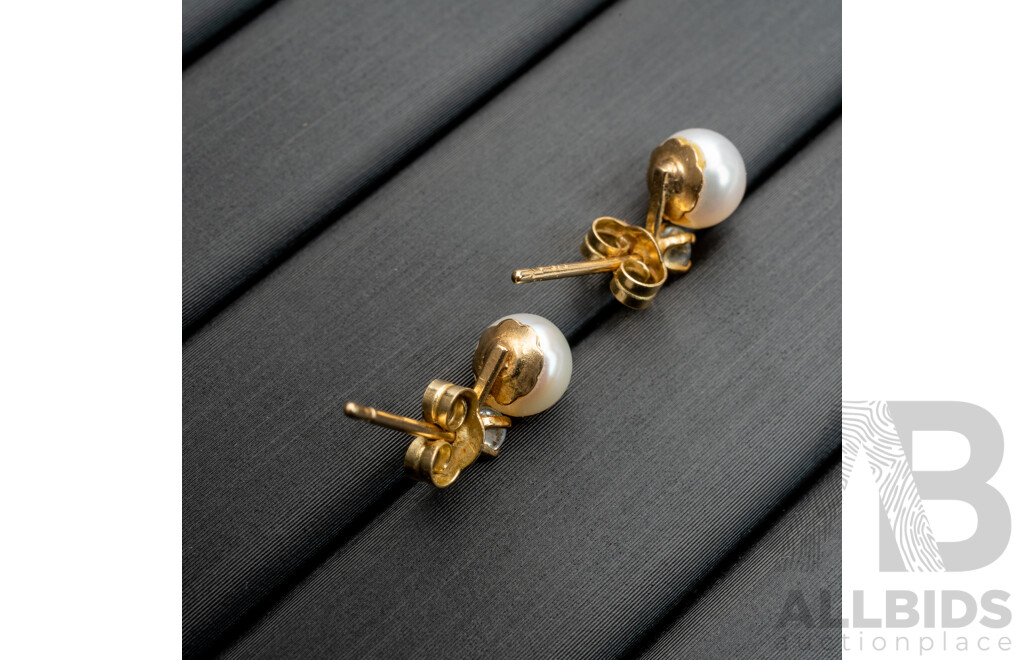 9ct Cultured Button Pearl & Cubic Zirconia Stud Earrings, 8.5mm, 0.92 Grams