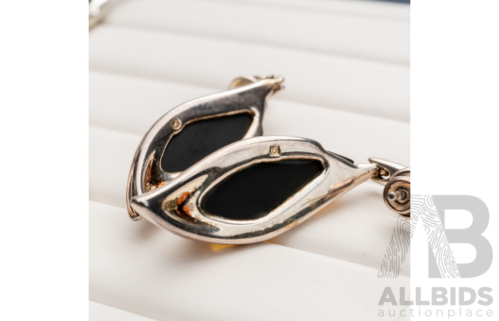 Vintage Sterling Silver Green Baltic Amber Bracelet, Pendant & Earrings Set, 26.64 Grams