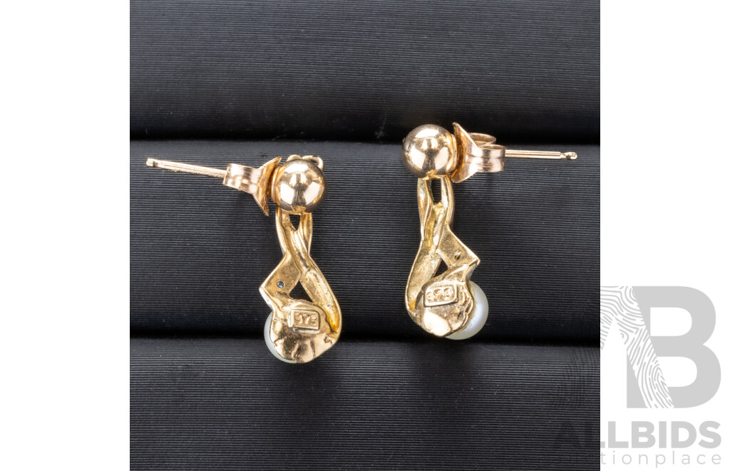 9ct Vintage Diamond Set Pearl Drop Stud Earrings, 20mm, 0.99 Grams