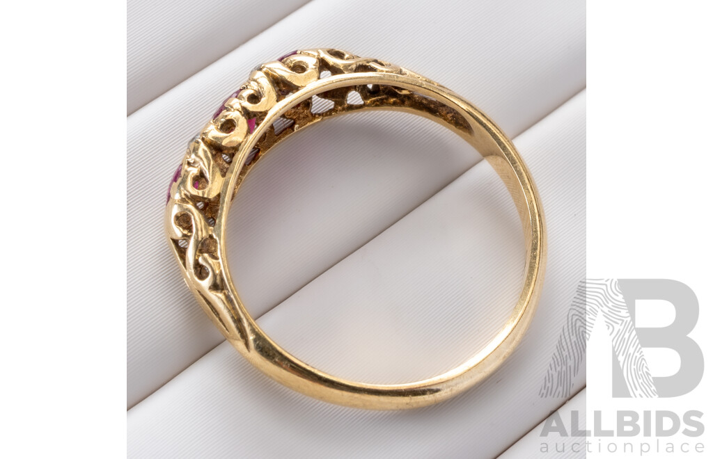 9ct Vintage Ruby & Diamond Bridge Ring, TDW 0.05ct, Size L, 2.01 Grams