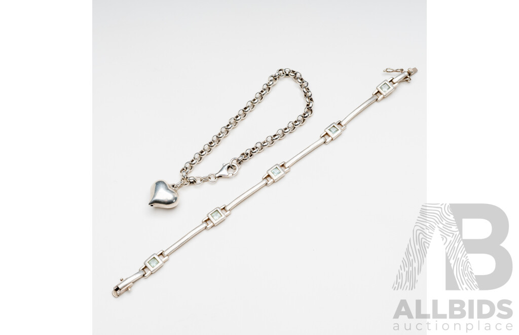 Sterling Silver Topaz Bracelet & Sterling Silver Belcher Bracelet with Puffy Heart Charm, 21.38 Grams