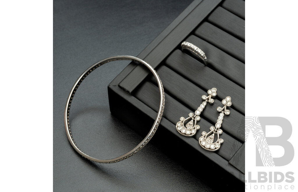 Sterling Silver Cz Set Bangle, Ring and Drop Stud Earrings Set, 19.18 Grams