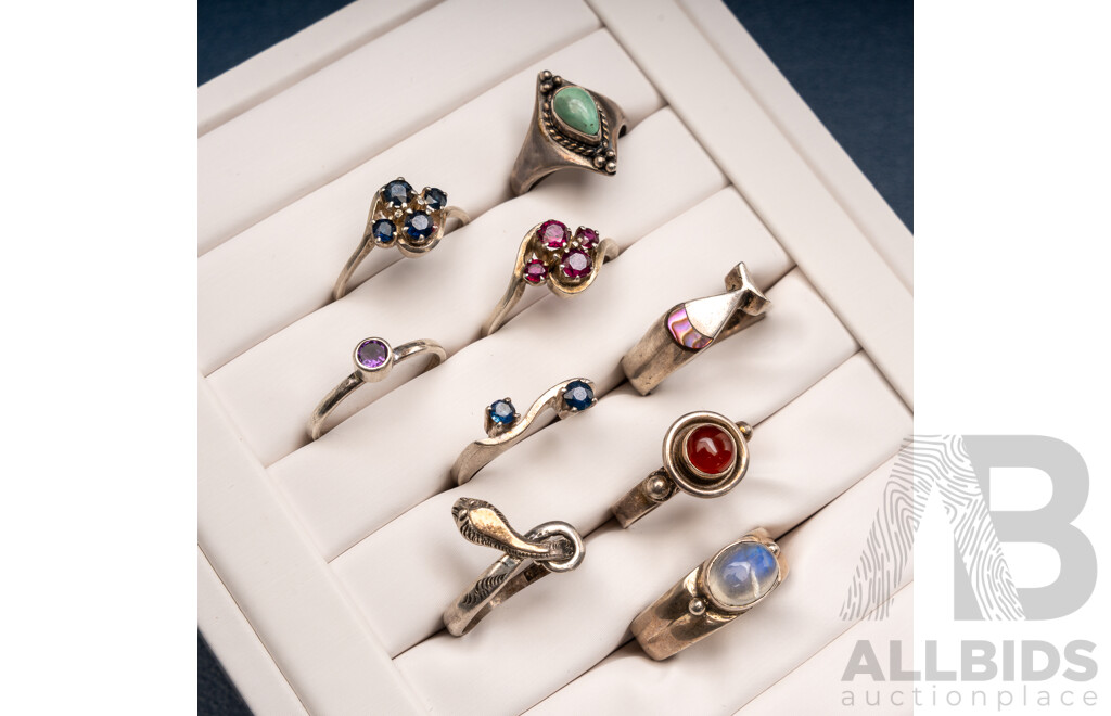 Collection of (10) Sterling Silver Rings Including Moonstone, Garnet, Carnellian & Sapphire, 33.14 Grams