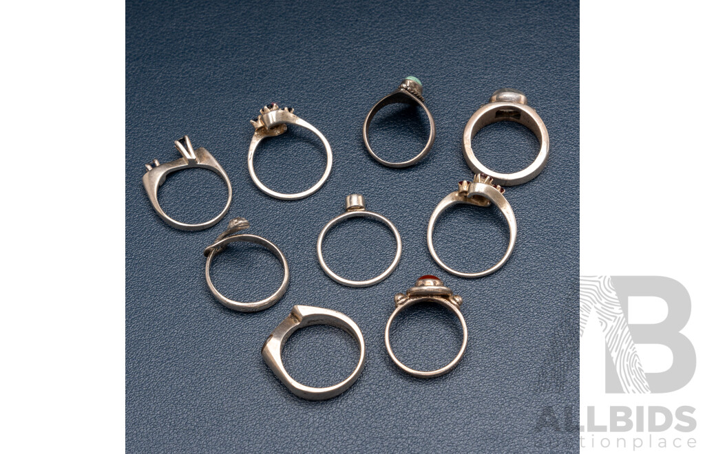 Collection of (10) Sterling Silver Rings Including Moonstone, Garnet, Carnellian & Sapphire, 33.14 Grams