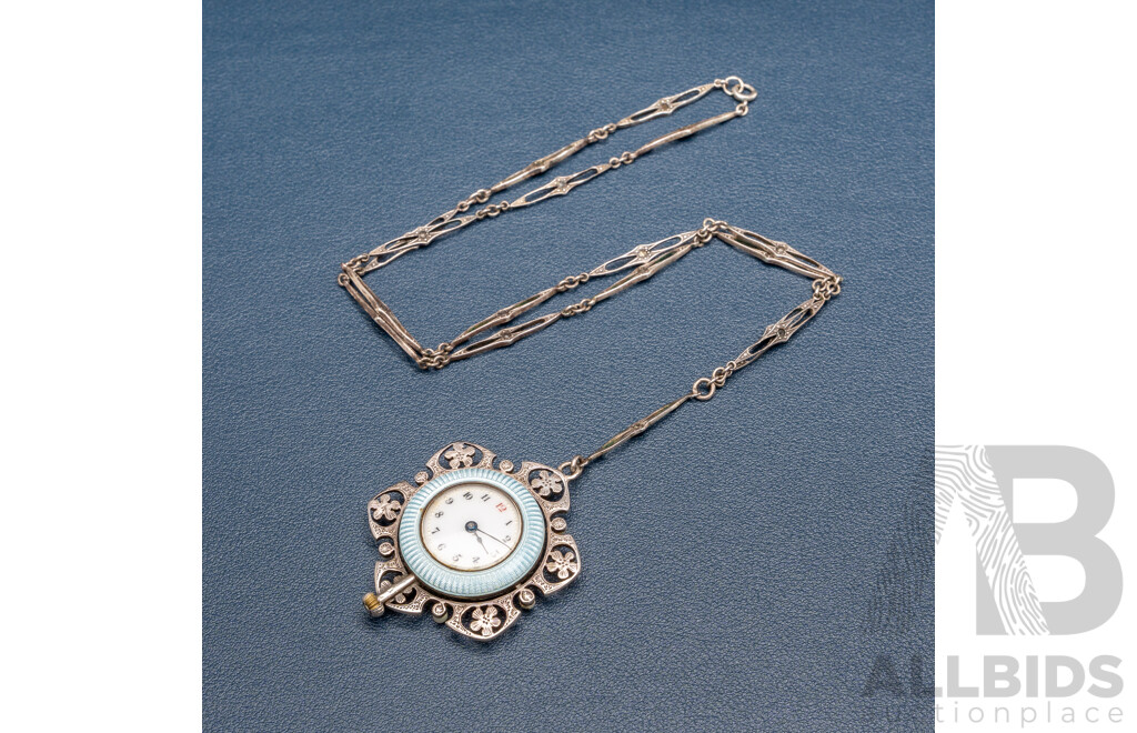 Vintage Sterling Silver Enamel Floral Motif Pendant Watch with Seed Pearls & Ornate Chain, 52cm, 34.35 Grams