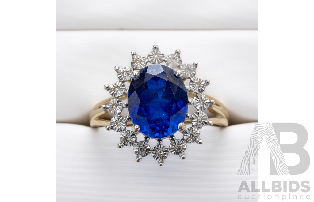 9ct Created Sapphire & Diamond Halo Ring, TDW 0.05ct, Size O, 3.21 Grams