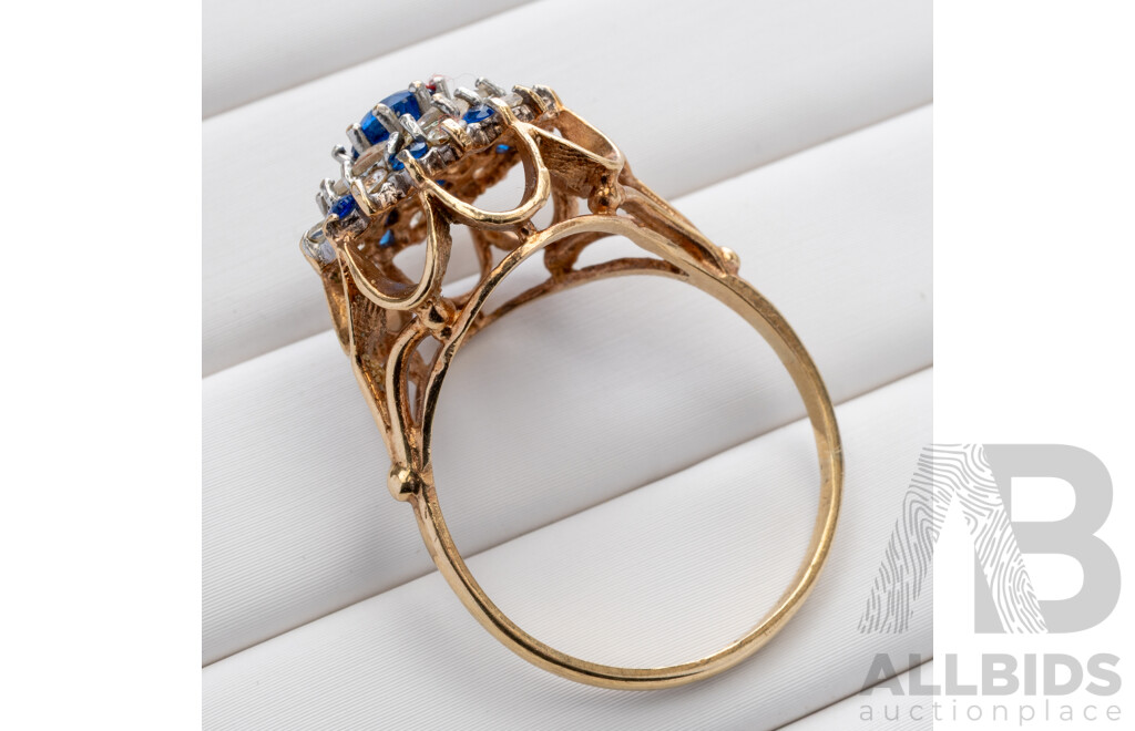 9ct Mid Century Edwardian Style Sapphire Cocktail Ring, Size T, Birmingham 1973, 4.01 Grams