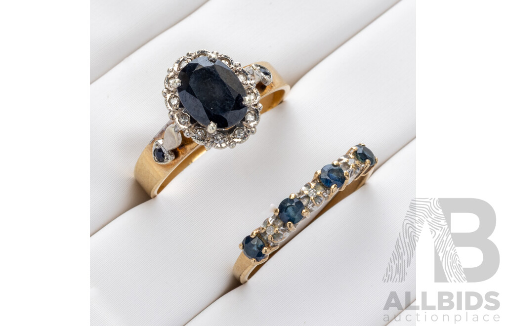 9ct Vintage Sapphire & Diamond Bridal Set, Est TDW 0.075ct, Size O/P, 4.60 Grams
