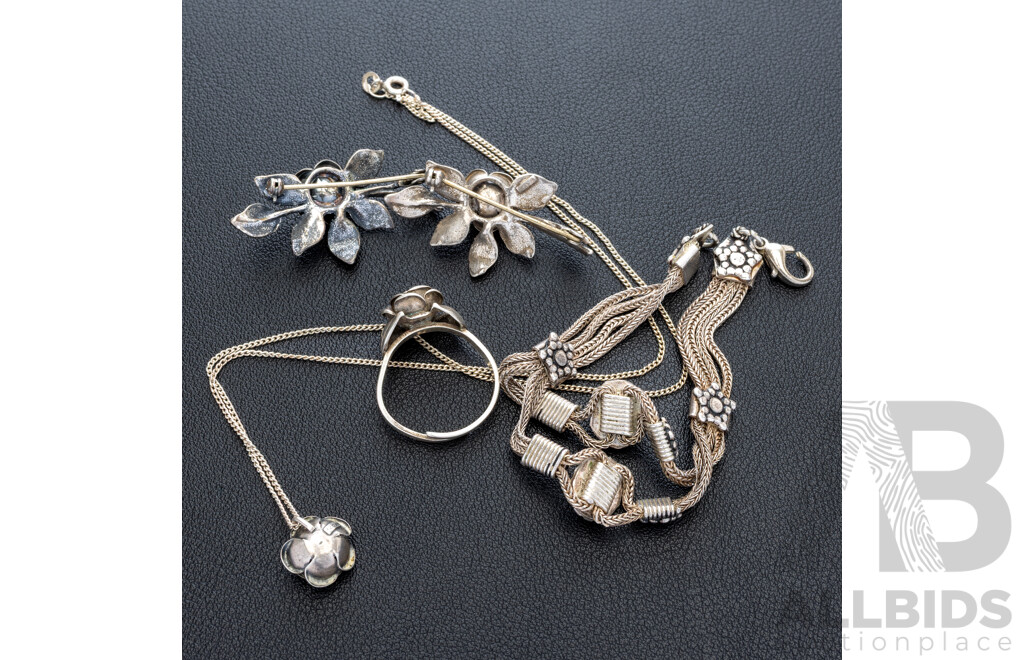 Sterling Silver Vintage Rose Jewellery Set & Ss Ornate Heamatite Bracelet, 36.93 Grams