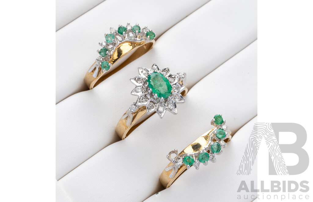9ct Emerald & Diamond (3) Ring Bridal Set, Est TDW 0.25ct, Size L, 6.50 Grams