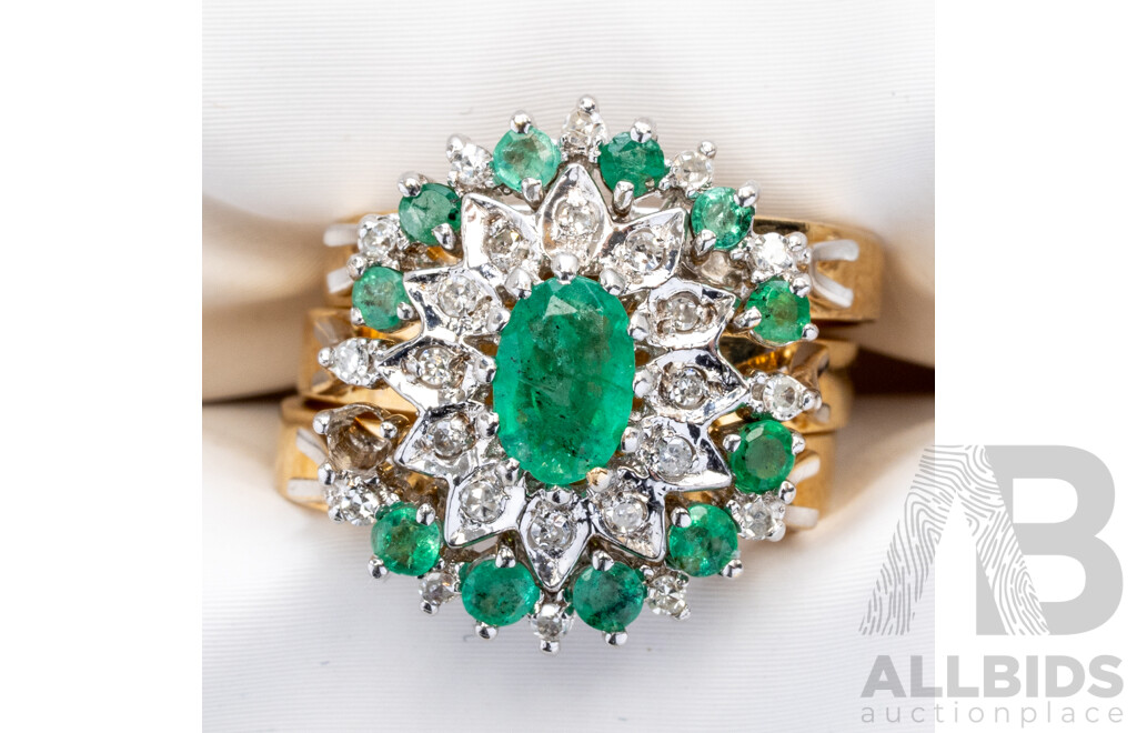9ct Emerald & Diamond (3) Ring Bridal Set, Est TDW 0.25ct, Size L, 6.50 Grams