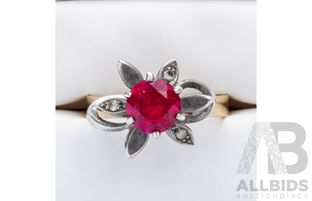 9ct Vintage Ruby & Diamond Flower Ring, TDW 0.03ct, Size N1/2, 2.99 Grams