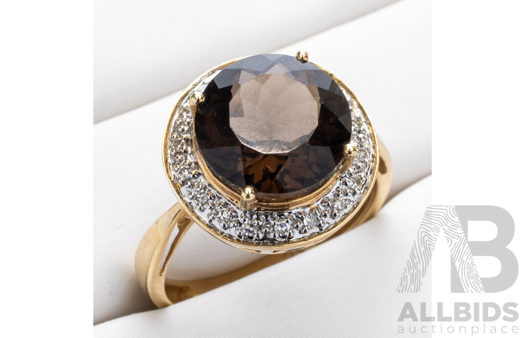14ct Smokey Quartz & Diamond Halo Ring, Est TDW 0.10ct, as New, Size L, 3.40 Grams
