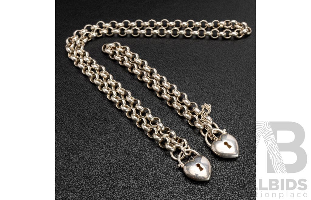 Sterling Silver Belcher Link Heart Padlock Necklace & Bracelet Set, 59.43 Grams