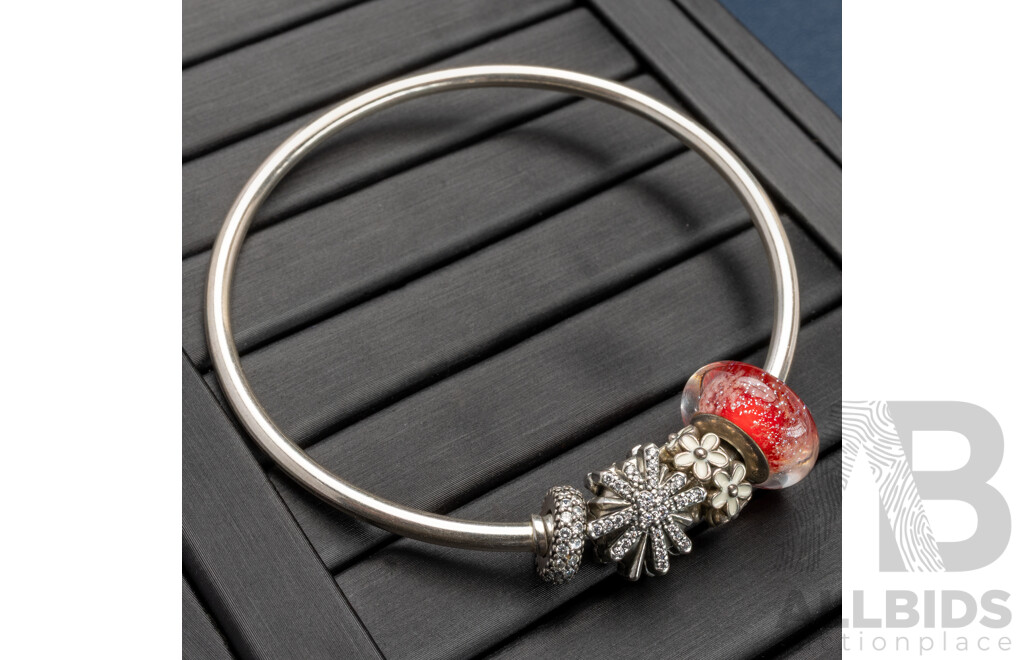 Pandora 'Moments' Sterling Silver 'The Best is Yet to Come' Bangle with Snowflake Clasp and (3) Pandora SS Charms, 16.78 Grams