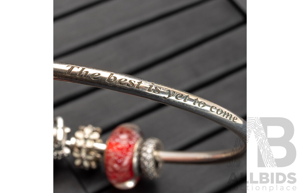Pandora 'Moments' Sterling Silver 'The Best is Yet to Come' Bangle with Snowflake Clasp and (3) Pandora SS Charms, 16.78 Grams