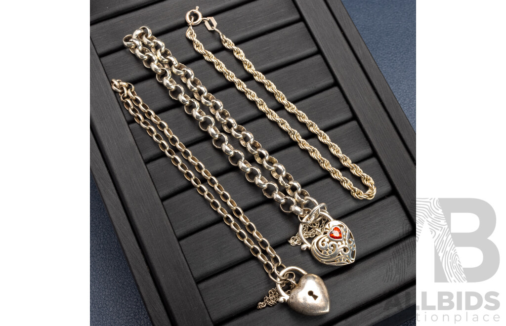 Collection of (3) Sterling Silver Bracelets, Including Belcher Heart Padlock Bracelet with Red Cz, 23.61 Grams