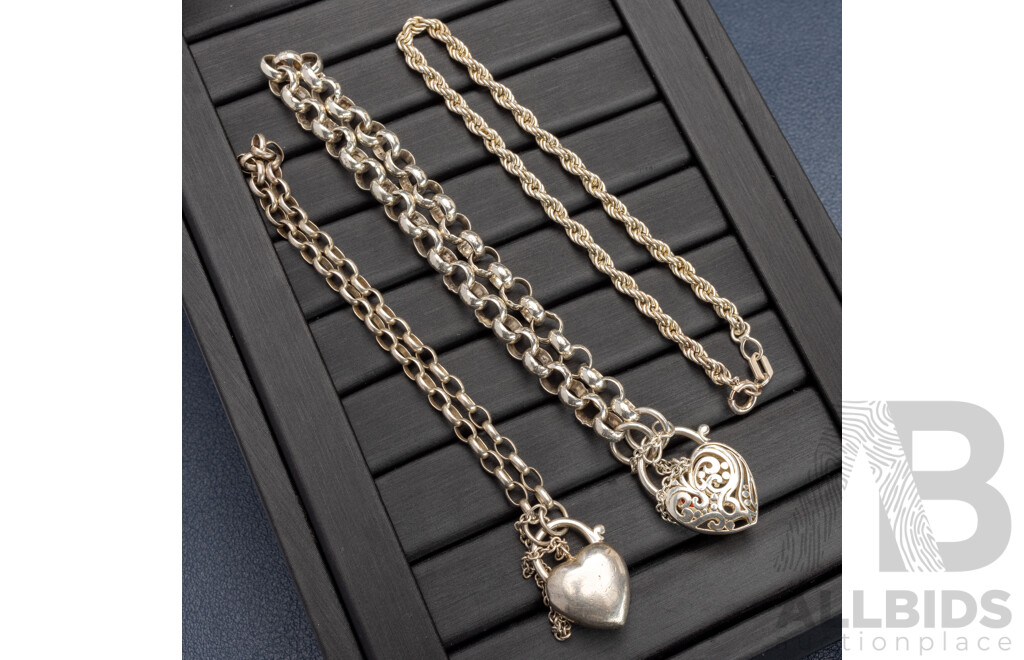 Collection of (3) Sterling Silver Bracelets, Including Belcher Heart Padlock Bracelet with Red Cz, 23.61 Grams