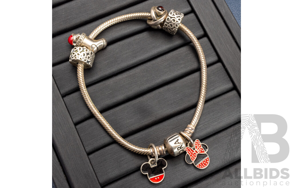 Pandora Moments Sterling Silver Snake Chain Bracelet with (6) Authentic Pandora Moments SS Charms, 29.81 Grams