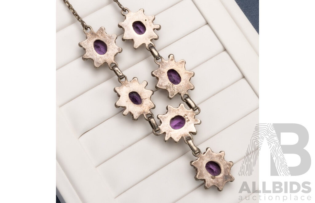 Sterling Silver Vintage Ornate Amethyst Drop Fixed Pendant Necklace, 50cm, 31.24 Grams
