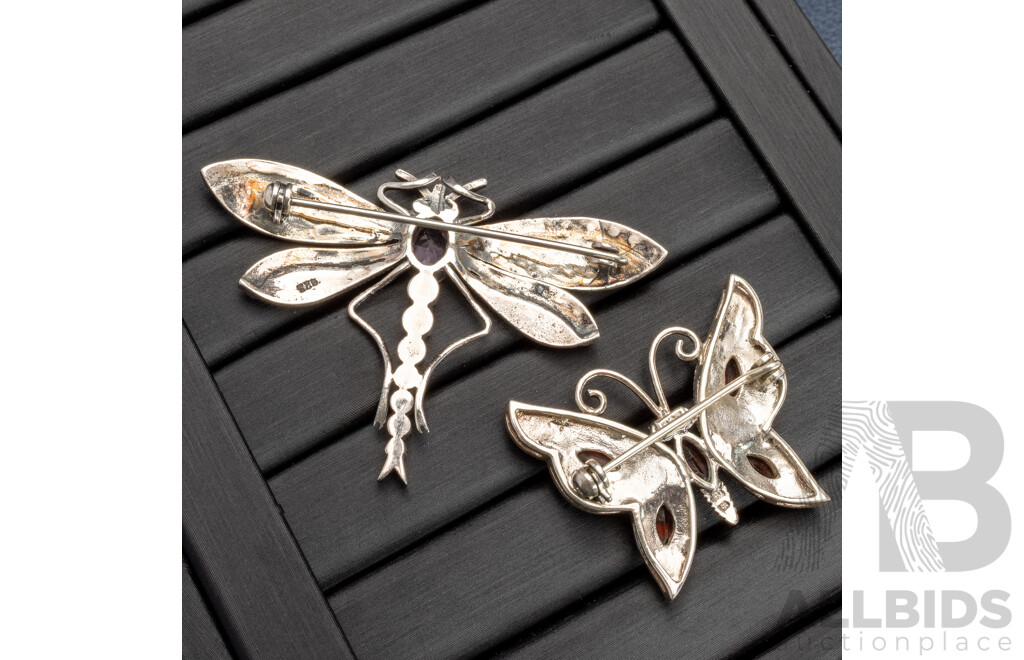 Sterling Silver Gemset Dragonfly & Butterfly Brooches, 14.17 Grams