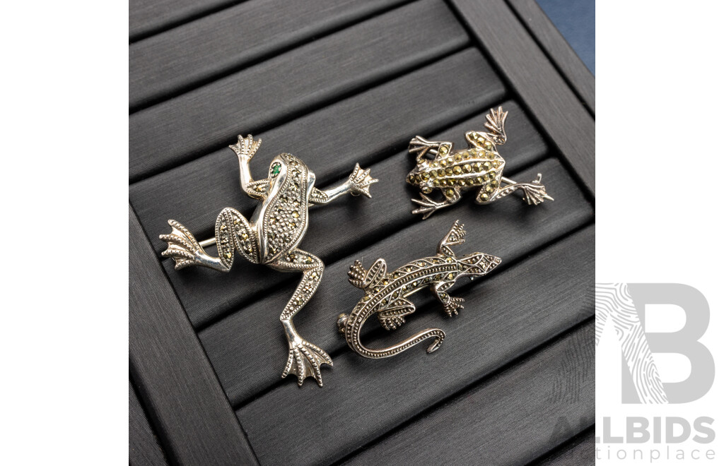 Sterling Silver Marcasite Lizard & (2) Frog Brooches, 14.73 Grams