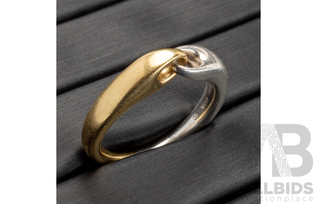 Georg Jensen Reflect Ring in Sterling Silver & 18ct Yellow Gold, Hallmarked GJ 652A 60, Size S, 6.73 Grams