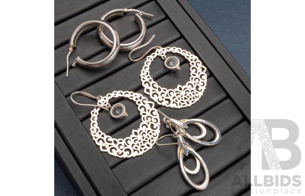 Collection of (3) Pairs of Sterling Silver Earrings, as New Including Moonstones, 25.52 Grams