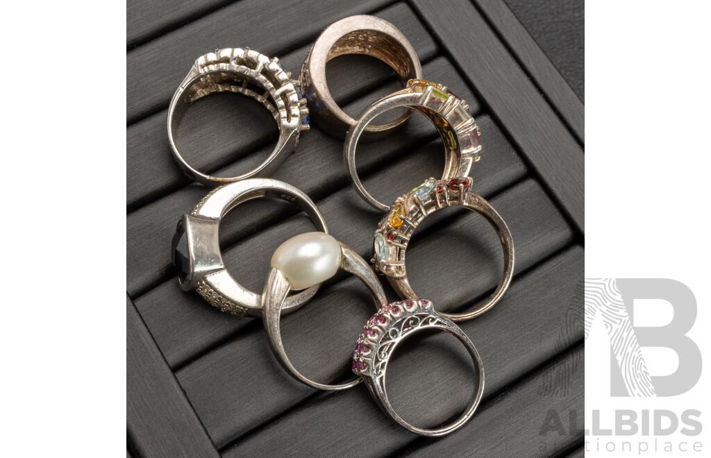 Collection of (7) Sterling Silver Gem Set Rings, 41.85 Grams