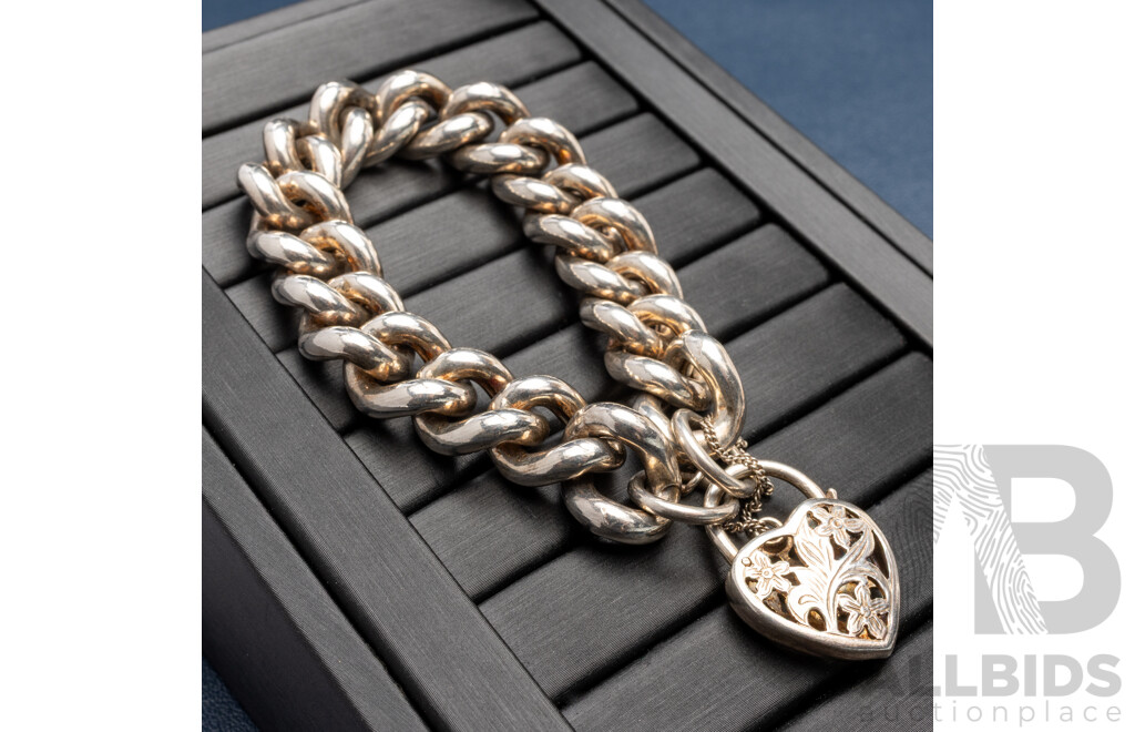Sterling Silver Heavy Curb Link Heart Padlock Bracelet, 18cm, 52.60 Grams