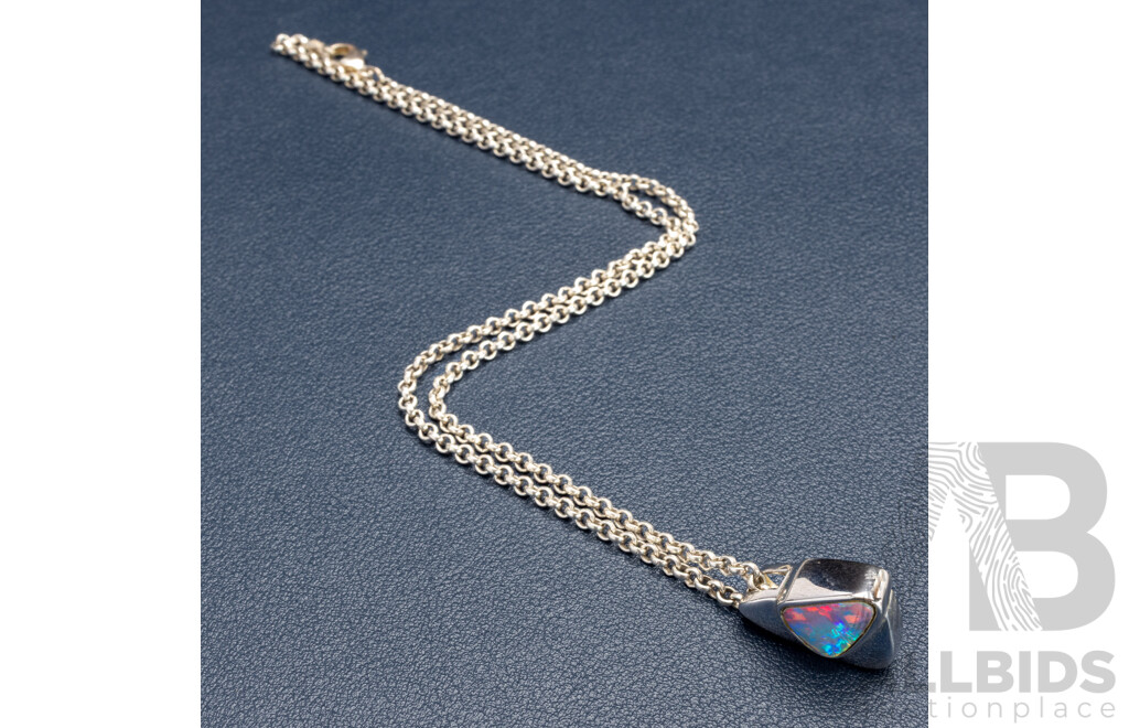 Sterling Silver Opal Doublet Slider Pendant on Sterling Belcher Link Necklace, 38cm, 9.34 Grams