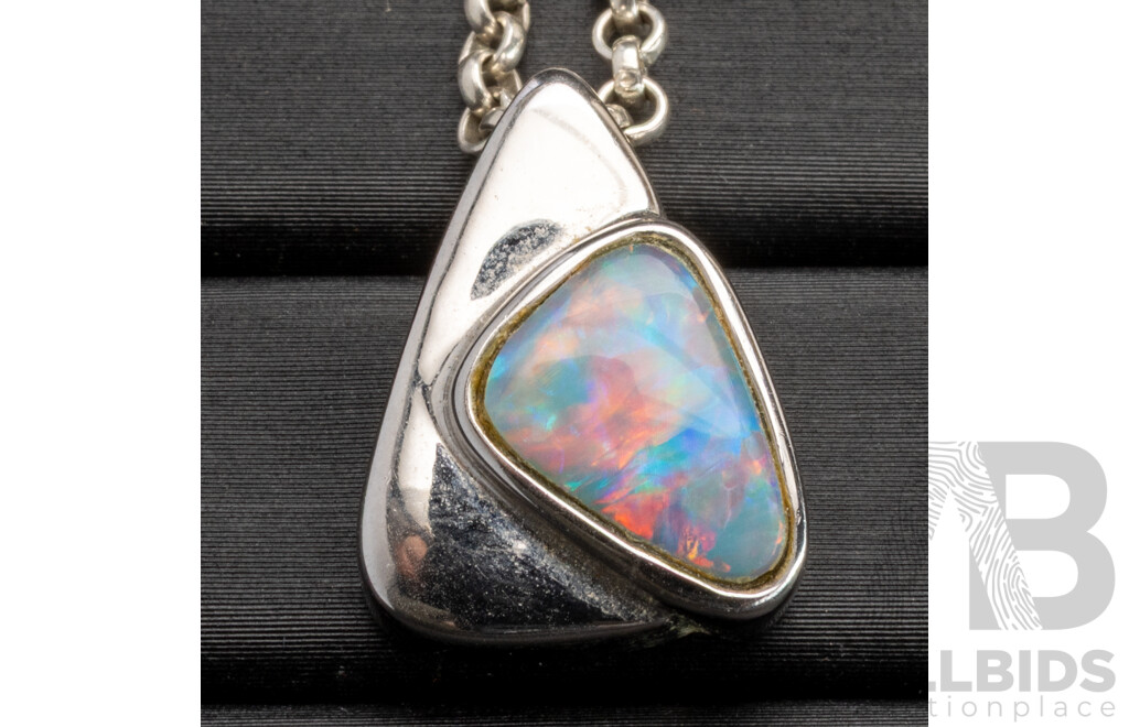 Sterling Silver Opal Doublet Slider Pendant on Sterling Belcher Link Necklace, 38cm, 9.34 Grams