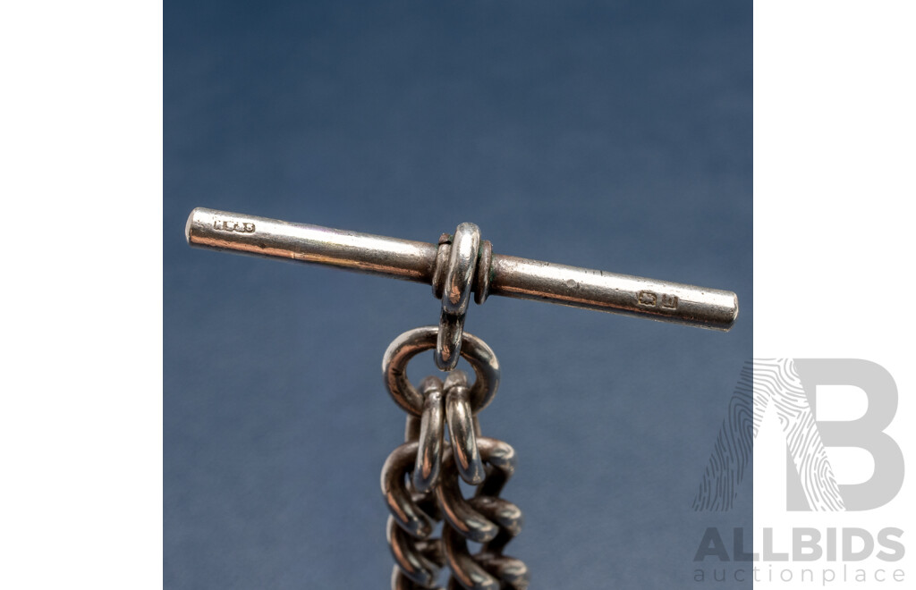 Antique Sterling Silver Graduating Curb Link Fob Chain with T-Bar Pendant and Albert Clasp, 45cm, Birmingham 1912, 74.12 Grams